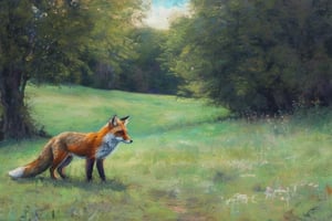Pastelart An open landscape in France, fields, trees, a wood in the far end, a close-up 
of a roaming fox in the foreground, landscape in May, intricately textured and extremely subtle detailed,  detailmaster2,  side-light,  high resolution and contrast,  high colour contrast,  dark vivid palette, ultra quality 