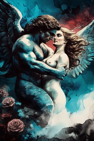 Eros and Aphrodite enjoying nature all around, dark vivid palette,  cyan foreground,  moody lighting, close-up,  high_resolution and contrast,  high colour contrast,  intricately textured and extremely detailed,  detailmaster2,  ultra quality ,d1p5comp_style,ink,watercolor