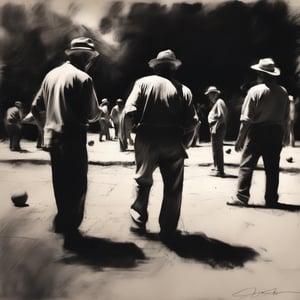 A charcoal sketch  of old men playing Boules in a parc in southern France , high resolution and contrast,  intricately textured and extremely expressive,  epic view,  deep focus,  depth of field,  detailmaster2,  side-light,  ray tracing shadows,  ultra quality 