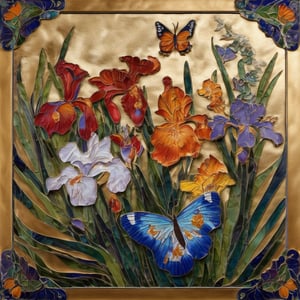 (Cloisonnism) A cloisonnist wall-hanging with Iris and butterflies, vivid palette,  intricately textured and extremely subtle detailed,  detailmaster2,  side-light,  high resolution and contrast,  high colour contrast,  deep focus, depth of field,  ultra quality 