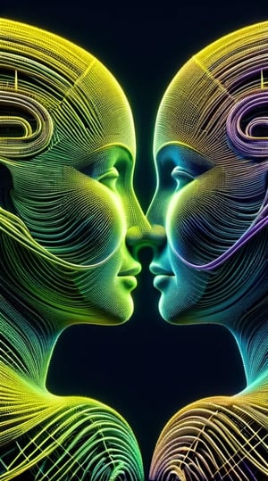 1 photoprint of a loving pair, sharp face contours, 6 long rubber bands, 2 inches broad, yellow, chartreuse, cyan, violet, tan,grey entangled in various ways, forming abstract figures, becoming concrete figures, landscapes, dark palette, high resolution and contrast,  intricately textured and extremely subtle detailed,  ray tracing shadows, depth of field ,3D Mesh,DonMG30T00nXL,3D mesh digital Matrix