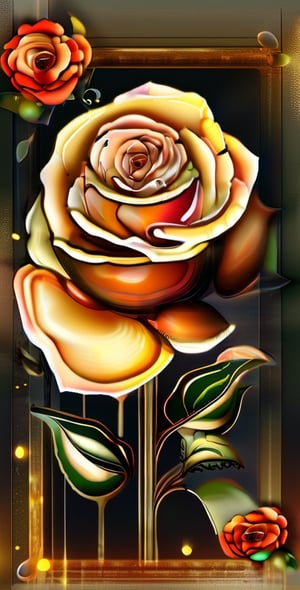 A rose plant, yellowish/reddish blossom, highlighted, orange/grey background,  dark palette,  high resolution and contrast,  high colour contrast,  intricately textured and detailed,  deep focus,  depth of field,  ultra quality ,ink art,Pomological Watercolor,DonM3x71nc710nXL,transparent fading,DonM1r0nF1l1ng5XL,DonMSp3ctr4lXL,DonMC0ff33Ch0c  