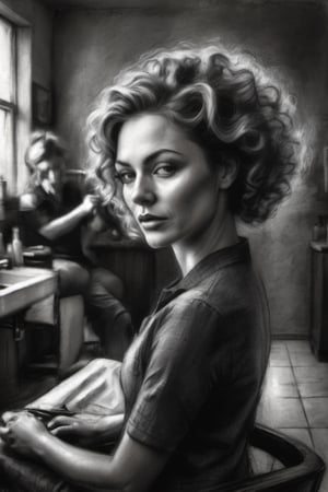 A charcoal sketch  of a woman getting her hair prepared for a  new perm at her hairdressers, , high resolution and contrast,  intricately textured and extremely expressive,  epic view,  deep focus,  depth of field,  detailmaster2,  side-light,  ray tracing shadows,  ultra quality ,charcoal drawing