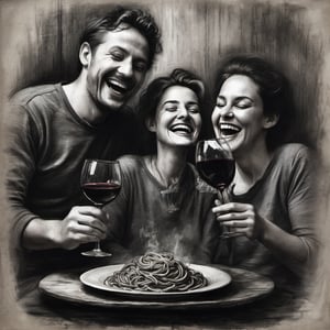 A charcoal drawing of 3 faces showing delight,laughter while hungry eating  spaghetti and drinking wine,   dark palette,  high resolution and contrast,  intricately textured and detailed,  best quality,  fine artwork,  side-light ,charcoal drawing