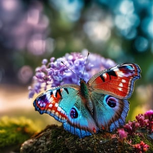 ( National Geographic Photo style) A peacock butterfly photographed sitting on butterfly lilac, 28mm, f14, t1/320, vivid palette, high colour contrast,  high resolution and contrast,  intricately textured and extremely subtle detailed,  detailmaster2,  deep focus,  depth of field,  ray tracing shadows,  ultra quality ,Pomological Watercolor,DonMN33dl3P1ll0wXL