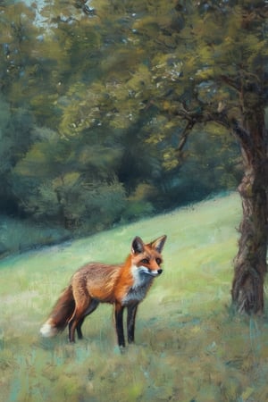 Pastelart An open landscape in France, fields, trees, a wood in the far end, a close-up 
of a roaming fox in the foreground, landscape in May, intricately textured and extremely subtle detailed,  detailmaster2,  side-light,  high resolution and contrast,  high colour contrast,  dark vivid palette, ultra quality 