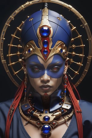 portrait of a futuristic shaman voodoo master cyborg, in the style of ghost in the shell, kintsugi, modern fine art, fractal, intricate, elegant, highly detailed, digital photography, subsurface scattering, by jheronimus bosch and greg rutkowski, real life,   by mads berg, transgressive art, in black blue gold and red, born this way album, overturned chalice, interconnected human lifeforms, ball, chaste, mastodonic, 2 0 0 9, pscychodelic, last exile, pushead art, simulacra , 