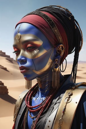  high quality photo of a mistic shaman cyberpunk in a Dune's scene,  portrait of a futuristic shaman voodoo master cyborg, in the style of ghost in the shell, kintsugi, modern fine art, fractal, intricate, elegant, highly detailed, digital photography, subsurface scattering, by jheronimus bosch and greg rutkowski, real life,   by mads berg, transgressive art, in black blue gold and red, born this way album, overturned chalice, interconnected human lifeforms, ball, chaste, mastodonic, 2 0 0 9, pscychodelic, last exile, pushead art, simulacra , 