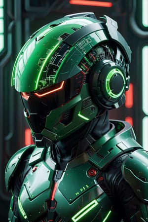 a futuristic helmet with neon green accents, suggesting a theme of high-tech armor or gear. It seems to be inspired by science fiction and could be related to video games, movies, art for futuristic settings.,circuitboard,green and red mecha