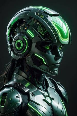 a futuristic helmet with neon green accents, suggesting a theme of high-tech armor or gear. It seems to be inspired by science fiction and could be related to video games, movies, art for futuristic settings.,circuitboard,green mecha
