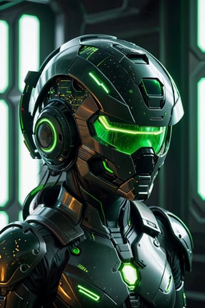 a futuristic helmet with neon green accents, suggesting a theme of high-tech armor or gear. It seems to be inspired by science fiction and could be related to video games, movies, or concept art for futuristic settings.,circuitboard,green mecha