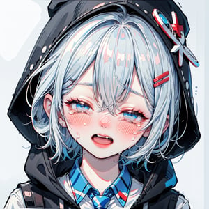 1girl, solo, blush, short hair, open mouth, bangs, simple background, shirt, hair ornament, white background, hair between eyes, blue hair, closed eyes, white shirt, upper body, necktie, hairclip, collared shirt, tears, hood, nose blush, hood down, crying, wing collar, red necktie, portrait