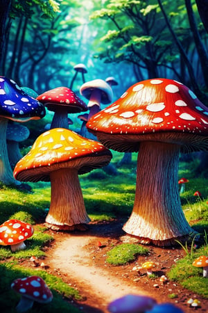 Picture vibrant colors all around you - lush green trees, colorful flowers in full bloom, and big mushrooms scattered across the forest floor like stepping stones. ((detailed mushrooms on the ground)), best quality, ultra quality, ((ultra realistic)), ((hyper realistic)) , ((insane details)) , 8k, perfect scenery , detailed scenery, (vivid colors), (((extremely detailed background))) , amazing quality, very aesthetic,  Cinematic Light, Depth of field, realistic aesthetic photo ,(HDR) , intricate detailed, RAW photo, amazing beauty, (dreamy), (fantasy), ((beautiful colors)), perfect trees, detailed trees, perfect flowers, detailed flowers, detailed butterflies, (((super realistic))),