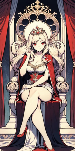 (masterpiece, best quality), 1girl, solo, (the empress:1.15), platinum blonde,queen sitting on a throne, elegant, long hair, (red cape), Curtain, white dress, queen dress, aurora, (sunshine, sky, expressionless, red eyes, very long hair, (art nouveau:1.2), alphonse mucha, tiara, (face focus, upper body), sit, (red throne:1.12), tiara, crossing legs, highly intricate details, realistic light, smile,1 girl,