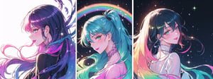 (8k, RAW photo, highest quality),  (rainbow order:1.4), multicolored theme, 2d, portrait, (split screen:1.4),  (faux tradition media:1.1), simple background, 3+girls, (shiny skin, shiny:1.2), bishounen, beautiful, outline, manga, official, (split theme:1.4), thick lineart, multiple girls, (color coordination:1.4), expressive, dynamic, upper body, graphite_(medium), character concept, fashion, original character design, green eyes, dark blue hair, 8k resolution, (top quality, digital illustration:1.2), intricate details, pink hair, center-flap bangs, swept bangs, black hair, white hair, gradient eyes, looking up, (gradient hair), looking to the side, from behind, looking back, head tilt, blush, annoyed, smile, !, wavy hair, side ponytail, (official alternate costume:1.1), fantasy, hair between eyes, lipstick, colored eyelashes, bangs, sidelocks, ringlets, drill hair,rainbowhair, (transparent, see-through), galaxy print, black background