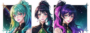(8k, RAW photo, highest quality),  (rainbow order:1.4), multicolored theme, 2d, portrait, (split screen:1.4),  (faux tradition media:1.1), simple background, 3+girls, (shiny skin, shiny:1.2), bishounen, beautiful, outline, manga, official, (split theme:1.4), thick lineart, multiple girls, (color coordination:1.4), expressive, dynamic, upper body, graphite_(medium), character concept, fashion, original character design, green eyes, dark blue hair, 8k resolution, (top quality, digital illustration:1.2), intricate details, pink hair, center-flap bangs, swept bangs, black hair, white hair, gradient eyes, looking up, (gradient hair), looking to the side, from behind, looking back, head tilt, blush, annoyed, smile, !, wavy hair, side ponytail, (official alternate costume:1.1), fantasy, hair between eyes, lipstick, colored eyelashes, bangs, sidelocks, ringlets, drill hair,rainbowhair, (transparent, see-through), galaxy print, black background,sugar_rune