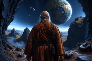 (masterpiece, best quality), insaneres, digital illustration, volumetric lighting, 3d, 8k,indoors, cinematic, cg unity wallpaper, ue5, global lumen illumination, stunning visual artwork, dynamic landscape, unique detail, valley, spiral cliff, from below, hyperdetailed portrait of a father time roaming an otherworldly dead planet,  detailed face, detailed eyes, weathered, mythical, nature, planet in distance,  long robes, wizard, somber, depressing, intricate details, panoramic view, looking down, (soothing tones, muted colors:1.1), vivid, dark tones, (dramatic), walking, windy, motion blur, deep depth of field,c0raline_style,madgod,more detail XL