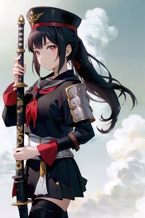 (Masterpiece, Best Quality:1.3), absurdres, (8k resolution), full body, full angle view, illustration, 1girl, solo, long hair, looking at viewer, skirt, shirt, black hair, red eyes, long sleeves, hat, holding, closed mouth, school uniform, ponytail, weapon, cowboy shot, horns, serafuku, sword, black skirt, sailor collar, holding weapon, armor, neckerchief, parted bangs, black shirt, holding sword, katana, shoulder armor, sheath, red neckerchief, black serafuku, sheathed, japanese armor, scabbard, kote. (extremely detailed), ((depth of field)), fantastic composition, (shadow), sky, cloud, (highly detailed), floating particles, ,sugar_rune