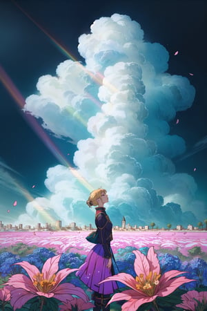 (Masterpiece), (highres), 8k, hyperdetailed, extremely detailed, landscape, flower, floating particles, gorgeous view, sky, cowboy shot, perfect shadow, deep depth of field, cloud, day, fantasy, surreal, falling petals, tree, stained glass window,church, cross, melancholy, holy, bible, bloom, glowing, light aura, outline, godlight, sunrays, angelc, from side, looking up, fantastic, windy, floating hair, blonde hair, long sidelocks, official alternate hairstyle, fantasy clothing, fantasy outfit, perfect composition and lighting, volumetric, nature, plantlife