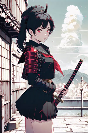 (Masterpiece, Best Quality:1.3), absurdres, (8k resolution), full body, full angle view, illustration, 1girl, solo, long hair, looking at viewer, skirt, shirt, black hair, red eyes, long sleeves, hat, holding, closed mouth, school uniform, ponytail, weapon, cowboy shot, horns, serafuku, sword, black skirt, sailor collar, holding weapon, armor, neckerchief, parted bangs, black shirt, holding sword, katana, shoulder armor, sheath, red neckerchief, black serafuku, sheathed, japanese armor, scabbard, kote. (extremely detailed), ((depth of field)), fantastic composition, (shadow), sky, cloud, (highly detailed), floating particles, 