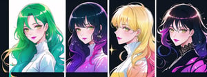 (8k, RAW photo, highest quality),  (rainbow order:1.4), multicolored theme, 2d, portrait, (split screen:1.4),  (faux tradition media:1.1), simple background, 3+girls, (shiny skin, shiny:1.2), bishounen, beautiful, outline, manga, official, (split theme:1.4), thick lineart, multiple girls, (color coordination:1.4), expressive, dynamic, upper body, graphite_(medium), character concept, fashion, original character design, green eyes, dark blue hair, 8k resolution, (top quality, digital illustration:1.2), intricate details, pink hair, center-flap bangs, swept bangs, black hair, yellow eyes, white hair, green eyes, looking up, (gradient hair), looking to the side, from behind, looking back, head tilt, blush, annoyed, smile, !, wavy hair, side ponytail, (official alternate costume:1.1), fantasy, hair between eyes, lipstick, colored eyelashes, bangs, sidelocks, ringlets, drill hair,rainbowhair, (transparent, see-through), galaxy print, black background