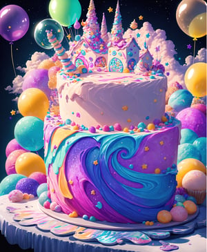 (masterpiece, best quality:1.2), 8k, top quality, (glowing,:1.2) ,glowing cake,  in the style of pixar, (cake:1.3), intricate details, ice cream,,balloon, sprinkles, colorful, (see-through:1.2), sugar, (transparent), glaze, unicorn cake, upside-down cake, bloom,candyland,rayearth