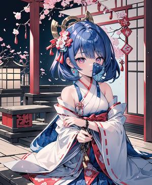 (watercolor_medium), ((ukiyoe style)), ((((masterpiece)))), (((best quality))), (illustration),(1girl:1.5),(solo:1.5), ((an extremely delicate and beautiful)), ((little girl)) , cute, ((hime_cut)), side blunt bangs,(ultramarine hair:1.2), hairs between eyes, ribbons, Bracelet , bare shoulders,((japanese_clothes)), sakura, ((slit pupils)), ((miko)), (off_shoulder), ace,masterpiece
