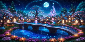 (best quality, masterpiece:1.3), high fantasy, c0raline_style,  (stop motion), alien architecture, colorful, (cinematic), stylish, focus, dreamy, extremely detailed and dynamic, (hyperrealistic, photoreal:1.1), cg unity wallpaper, fairy village, shimmer, glowing, high contrast, enchanted forest, disney, uhdr, full angle view, bloom, twisted tree, dynamic lighting, volumetric, deep depth of field:1.3), bokeh, expressive, intricate design, pond, moon bridge, atmosphere, sugar, glitter, floating particles, dark, field, outdoors, nature, sky, grass, more detail XL,madgod,Movie Still,l0dbg,sweetscape
