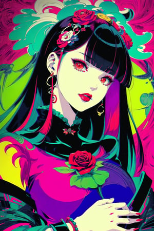 (Masterpiece), (highres), 8k, manga, digital illustration, 2d,  retro artstyle,  monochrome, partially colored,(ultra-detailed portrait of a woman,solo,  shaded face, red rose, red theme, confident, jewelry, colorful, frill trim, extremely detailed, detailed face, lipstick, straight hair, bangs,stylish, expressive, blush, looking to the side,  head tilt,  cowboy shot, fully clothed, (8k resolution),post00d,Hajime_Saitou,,quju,Oiran,sugar_rune,sweetscape,hirom1tsu,perfect light