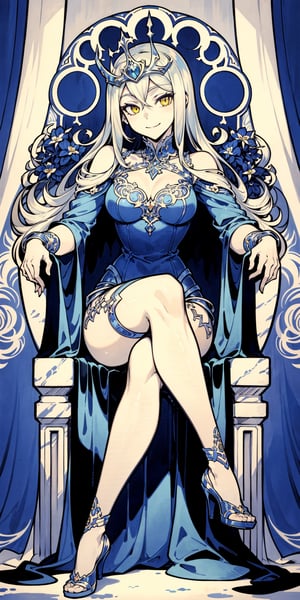(masterpiece, best quality), 1girl, solo, (the empress:1.15), platinum blonde,queen sitting on a throne, elegant, long hair, (red cape), Curtain, queen dress, aurora, (sunshine, sky, expressionless, yellow eyes, very long hair, (art nouveau:1.2), alphonse mucha, tiara, (face focus, upper body), sit, (blue throne:1.12), tiara, crossing legs, highly intricate details, realistic light, smile,1 girl