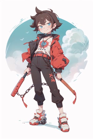 1girl,(RAW photo, best quality), traditional. media, retro artstyle, cloud, sky, fantasy, character concept, white background, full body, detailed face, detailed eyes, short hair, brown hair, smirk, holding baseball bat, rollerblades, dynamic posture, contrapposto, jacket, shirt, pants, chain belt, cyberpunk, 1boy, punk, colorful,psychedelic