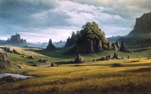 (Masterpiece, Best Quality:1.3), absurdres, 8k, (faux traditional Media:1.2), panoramic view, sky, grass, world tree, fantastic, epic, adventure, retro arstyle, 1980s (style), science fiction, dark_crystal, foreboding, moody lighting, volumetric, finely detailed illustration, (top quality, 8k resolution), fantasy rpg, landscape, scenery, (high fantasy:1.1), perfect composition and lighting, surreal
