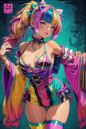 (masterpiece, best quality:1.3), 8k resolution, digital illustration, cover page, gradient, faux traditional media, thick lineart, bold lineart, 2d, original character concept,striped print, jester, jester costume, dancing, turning, bandana, cowboy shot, dated, tan skin, punk, two-tone-hair, (dynamic posture), blush, shy, sky, half jacket, bracelet, glaring, stoic, elegant, cloud print, galaxy print, pose, puffy shorts, stockings, miko trim, hair bow, ribbon, dynamic pose, expressive pose, hirom1tsu, stylish, fashion, detailed face, detailed eyes, colored eyelashes, mini crown, makeup, full lips, aged up, color cootdination, hypnotic eyes, 1girl, looking at viewer, candy hair ornament, candy dress, starlight, godlight, bangs, half updo, cute, sugar, glitter, shimmer, twintails, fantasy, :), wavy hair, (low ponytail:1.2), shiny, (deep depth of field:1.4), floating particles, (hyperdetailed, photoreal:1.1), elbow gloves, solo, text focus, festival, party room, (colored lines:1.2), (Worldwide trending artwork,traditional media,cara,vivid, colorful, candyland