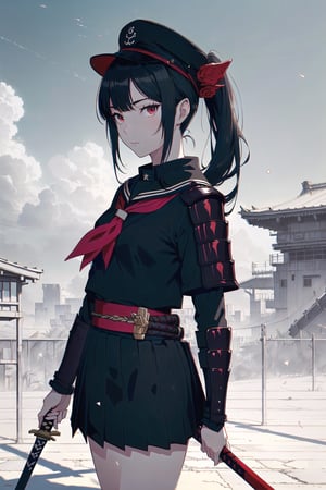 (Masterpiece, Best Quality:1.3), absurdres, (8k resolution), full body, full angle view, illustration, 1girl, solo, long hair, looking at viewer, skirt, shirt, black hair, red eyes, long sleeves, hat, holding, closed mouth, school uniform, ponytail, weapon, cowboy shot, horns, serafuku, sword, black skirt, sailor collar, holding weapon, armor, neckerchief, parted bangs, black shirt, holding sword, katana, shoulder armor, sheath, red neckerchief, black serafuku, sheathed, japanese armor, scabbard, kote. (extremely detailed), ((depth of field)), fantastic composition, (shadow), sky, cloud, (highly detailed), floating particles, 