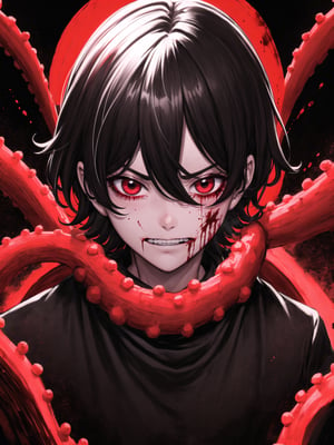 (1boy) portrait, best quality, ultra high res, ultra detailed, black and red, high contrast color tone, extremely detailed lighting, cinematic lighting, soft lights, (masterpiece, high quality:1.4), (kaneki ken, black hair, white hair, red and black eye, mask | teeth, blood eyes, black clothes, scorpio tentacles), , , blood, , black background, thrilling, (fierce face), 8k