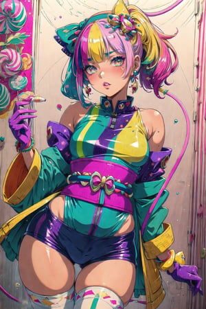 (masterpiece, best quality:1.3), 8k resolution, digital illustration, cover page, gradient, faux traditional media, thick lineart, bold lineart, 2d, original character concept,striped print, jester, jester costume, dancing, turning, bandana, cowboy shot, dated, tan skin, punk, two-tone-hair, (dynamic posture), blush, shy, sky, half jacket, bracelet, glaring, stoic, elegant, cloud print, galaxy print, pose, puffy shorts, stockings, miko trim, hair bow, ribbon, dynamic pose, expressive pose, hirom1tsu, stylish, fashion, detailed face, detailed eyes, colored eyelashes, mini crown, makeup, full lips, aged up, color cootdination, hypnotic eyes, 1girl, looking at viewer, candy hair ornament, candy dress, starlight, godlight, bangs, half updo, cute, sugar, glitter, shimmer, twintails, fantasy, :), wavy hair, (low ponytail:1.2), shiny, (deep depth of field:1.4), floating particles, (hyperdetailed, photoreal:1.1), elbow gloves, solo, text focus, festival, party room, (colored lines:1.2), (Worldwide trending artwork,traditional media,cara,vivid, colorful, candyland