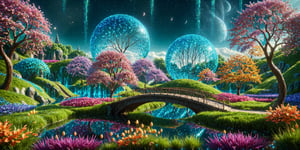 (best quality, masterpiece:1.3), high fantasy, c0raline_style,  (stop motion), alien architecture, colorful, (cinematic), stylish, focus, dreamy, extremely detailed and dynamic, (hyperrealistic, photoreal:1.1), cg unity wallpaper, fairy village, shimmer, glowing, high contrast, enchanted forest, disney, uhdr, full angle view, bloom, twisted tree, dynamic lighting, volumetric, deep depth of field:1.3), bokeh, expressive, intricate design, pond, moon bridge, atmosphere, sugar, glitter, floating particles, dark, field, outdoors, nature, sky, grass, more detail XL,madgod,Movie Still,l0dbg,sweetscape,DonM3lv3nM4g1cXL