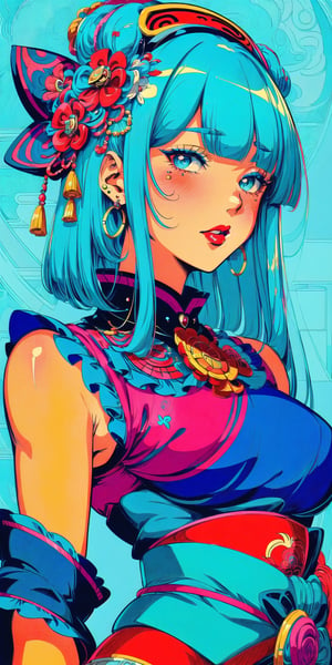 (Masterpiece), (highres), 8k, manga, digital illustration, 2d,  retro artstyle,  monochrome, partially colored,(ultra-detailed portrait of a woman,solo,  shaded face, blue theme, confident, jewelry, colorful, frill trim, extremely detailed, detailed face, lipstick, straight hair, bangs,stylish, expressive, blush, looking to the side,  head tilt,  cowboy shot, fully clothed, (8k resolution),post00d,Hajime_Saitou,,quju,Oiran,sugar_rune,sweetscape,hirom1tsu