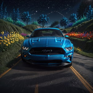 (beautiful detailed face,  beautiful detailed eyes), (((best quality, masterpiece))), c0raline_style,  (stop motion),  colorful, cinematic, 1978 ford mustang, driving, no humans, stylish, focus, dreamy, extremely detailed and dynamic, (hyperrealistic, photoreal), cg unity wallpaper, high contrast, uhdr, full angle view, bloom,  dynamic lighting, volumetric, deep depth of field:1.3), bokeh, expressive, intricate design, floating particles, dark, outdoors, road, nature, sky, grass, more detail XL,madgod