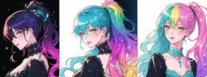 (8k, RAW photo, highest quality),  (rainbow order:1.4), multicolored theme, 2d, portrait, (split screen:1.4),  (faux tradition media:1.1), simple background, 3+girls, (shiny skin, shiny:1.2), bishounen, beautiful, outline, manga, official, (split theme:1.4), thick lineart, multiple girls, (color coordination:1.4), expressive, dynamic, upper body, graphite_(medium), character concept, fashion, original character design, green eyes, dark blue hair, 8k resolution, (top quality, digital illustration:1.2), intricate details, pink hair, center-flap bangs, swept bangs, black hair, yellow eyes, white hair, green eyes, looking up, (gradient hair), looking to the side, from behind, looking back, head tilt, blush, annoyed, smile, !, wavy hair, side ponytail, (official alternate costume:1.1), fantasy, hair between eyes, lipstick, colored eyelashes, bangs, sidelocks, ringlets, drill hair,rainbowhair, (transparent, see-through), galaxy print, black background