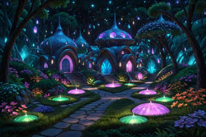 (best quality, masterpiece:1.3), high fantasy, c0raline_style,  (stop motion), alien architecture, colorful, (cinematic), stylish, focus, dreamy, extremely detailed and dynamic, (hyperrealistic, photoreal:1.1), cg unity wallpaper, fairy village, shimmer, glowing, high contrast, enchanted forest, disney, uhdr, full angle view, bloom, dynamic lighting, volumetric, deep depth of field:1.3), bokeh, expressive, intricate design, floating particles, dark, field, outdoors, nature, sky, grass, more detail XL,madgod,Movie Still,l0dbg,sweetscape