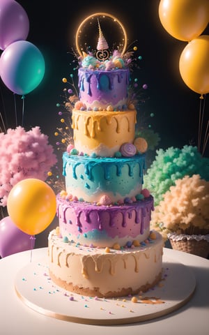 (masterpiece, best quality:1.2), 8k, top quality, (glowing,:1.2) ,glowing cake,  in the style of pixar, (cake:1.3), intricate details, ice cream,,balloon, sprinkles, colorful, (see-through:1.2), sugar, (transparent), glaze, unicorn cake, upside-down cake, bloom,candyland