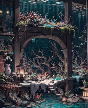 (masterpiece, best quality), 8k, digital illustration, glowing, fantasy, full angle view, deep depth of field, spacious,  (underwater current), extremely detailed, insaneres, small details, [tilt shift], skylight, sealife, perfect fish anatomy, (volumetric lighting:1.3), iridescent, reflective floor, transparent, see-through glass, east asian architecture, raytracing, overgrowth, 3d, (vivid, colorful, coral colors:1.2), lightrays, halation, plants and moss, intricate details, made in white marble with black and gold details in classic abandoned ornament and located on the seabed, with fish sharks marine life, aquatic plants, sea beds, sand, oyster with pearl inside, shells and explosion of bubbles,More Detail,coralinefilm,watercolor,stop motion,3d,cgi,LODBG