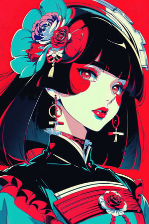 (Masterpiece), (highres), 8k, manga, digital illustration, 2d,  retro artstyle,  monochrome, partially colored,(ultra-detailed portrait of a woman,solo,  shaded face, red rose, red theme, confident, jewelry, colorful, frill trim, extremely detailed, detailed face, lipstick, straight hair, bangs,stylish, expressive, blush, looking to the side,  head tilt,  cowboy shot, fully clothed, (8k resolution),post00d,Hajime_Saitou,,quju,Oiran,sugar_rune,sweetscape,hirom1tsu