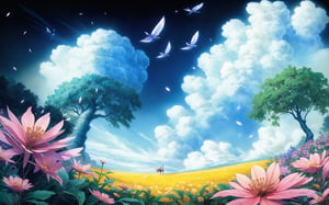 (Masterpiece), (highres), 8k, hyperdetailed, extremely detailed, landscape, flower, floating particles, gorgeous view, sky, cowboy shot, perfect shadow, deep depth of field, cloud, day, fantasy, surreal, falling petals, tree, perfect composition and lighting, volumetric, nature, plantlife