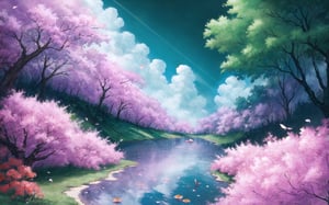 (Masterpiece, best qualityy:1.4), 8k, insaneres, top quality, hyperdetailed, extremely detailed, landscape, flower, floating particles, gorgeous view, foreest, fantasy, sky, cowboy shot, perfect shadow, deep depth of field, cloud, day, fantasy, surreal, falling petals, tree, perfect composition and lighting, volumetric, nature, plantlife, high fantasy