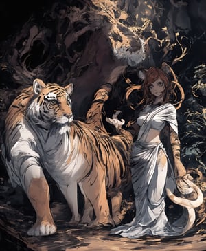 oil painting style, best quality, detailed face, full figure, a half-hybrid girl with a tiger, she has ears like a tiger and a tail like a tiger , the rest of her body is human, she has beautiful red hair, a beautiful symmetrical face with an innocent cut, she is in the forest, she has beautiful black eyes, wearing a floral print white saree dress, she is with other animals symmetrical, vibrant, style artwork, highly detailed CG, 8k wallpaper, beautiful face, full scene, full body shape