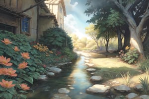 (Masterpiece, best qualityy:1.4), 8k, insaneres, top quality, hyperdetailed, extremely detailed, landscape, flower, floating particles, gorgeous view, forest, dappled sunlight, fantasy, cowboy shot, perfect shadow, deep depth of field, cloud, day, fantasy, surreal, s, tree, perfect composition and lighting, volumetric, nature, plantlife, high fantasy