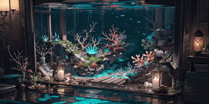 (masterpiece, best quality), 8k, digital illustration, glowing, fantasy, full angle view, deep depth of field, spacious, cinematic, (underwater current), extremely detailed, insaneres, small details, [tilt shift], skylight, sealife, perfect fish anatomy, (volumetric lighting:1.3), iridescent, reflective floor, transparent, see-through glass, east asian architecture, raytracing, overgrowth, 3d, (vivid, colorful, coral colors:1.2), lightrays, halation, plants and moss, intricate details, made in white marble with black and gold details in classic abandoned ornament and located on the seabed, with fish sharks marine life, aquatic plants, sea beds, sand, oyster with pearl inside, shells and explosion of bubbles,More Detail,coralinefilm,watercolor,stop motion,3d,cgi,LODBG