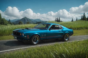 (((best quality, masterpiece))), high fantasy, c0raline_style,  (stop motion),  colorful, cinematic, 1978 ford mustang, driving, no humans, (cherry black:1.4), from side, (cinematic), stylish, focus, dreamy, extremely detailed and dynamic, (hyperrealistic, photoreal), cg unity wallpaper, high contrast, uhdr, full angle view, bloom,  dynamic lighting, volumetric, deep depth of field:1.3), bokeh, expressive, intricate design, floating particles, dark, field, outdoors, road, nature, sky, grass, more detail XL,madgod,Movie Still,Aqua(/Konosuba)/,N1njaScroll,ts_barbie